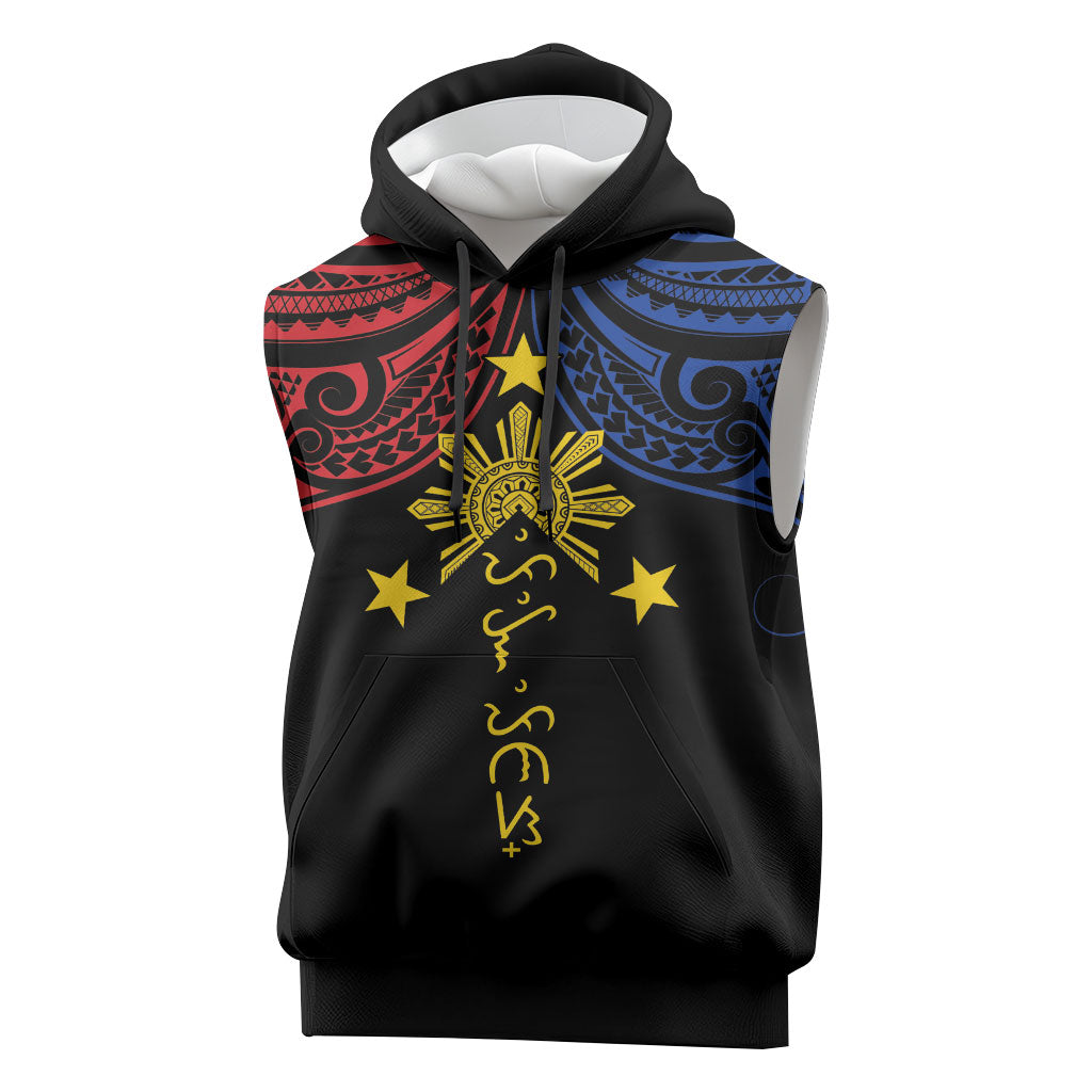 Philippines Heritage Personalized Sleeveless Hoodie Baybayin Philipinas Sun LT7 Black - Polynesian Pride