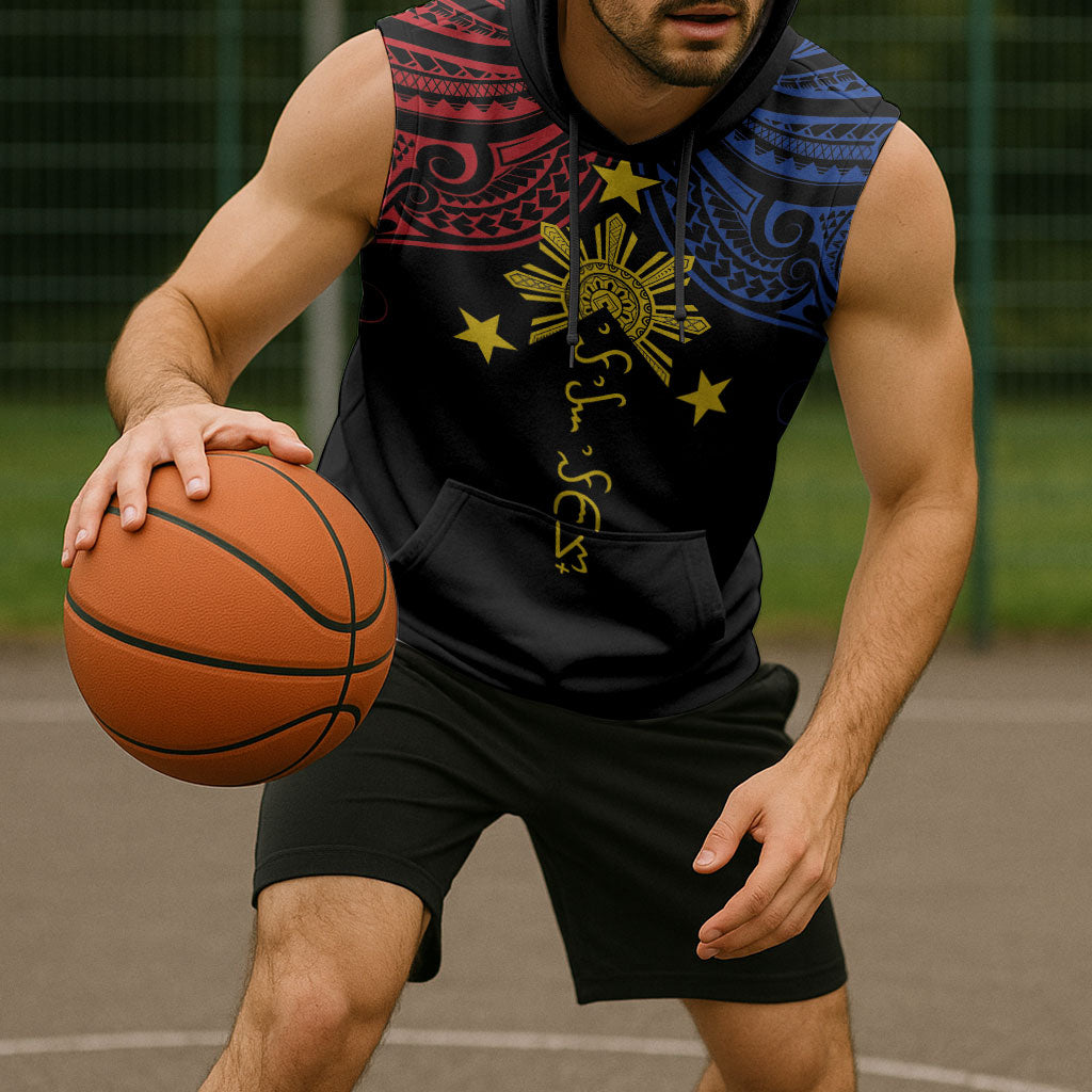Philippines Heritage Personalized Sleeveless Hoodie Baybayin Philipinas Sun LT7 - Polynesian Pride
