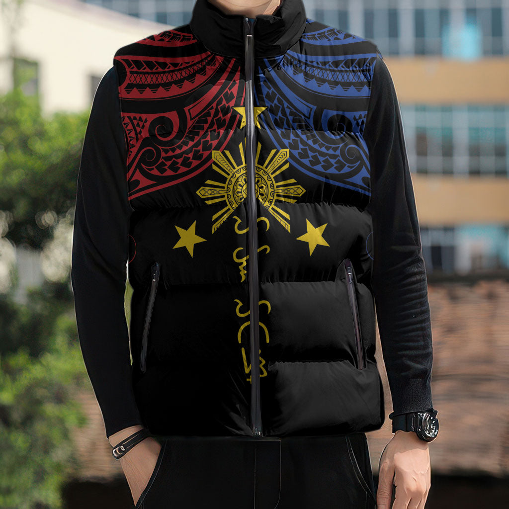 Philippines Heritage Personalized Sleeveless Puffer Jacket Baybayin Philipinas Sun
