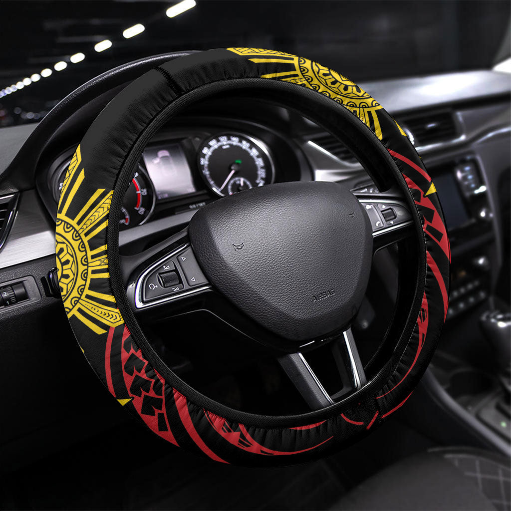 Philippines Heritage Steering Wheel Cover Baybayin Philipinas Sun LT7 Universal Fit Black - Polynesian Pride