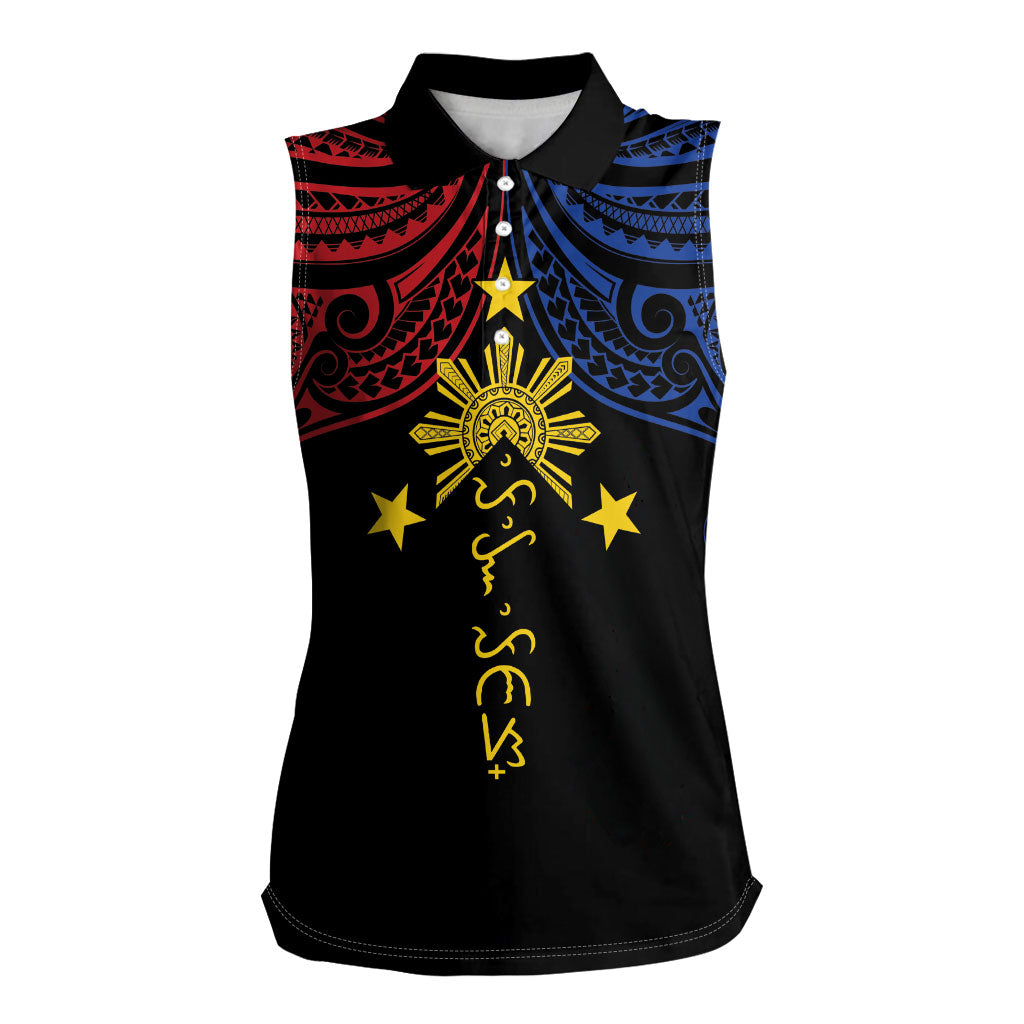 Philippines Heritage Personalized Women Sleeveless Polo Shirt Baybayin Philipinas Sun LT7 Female Black - Polynesian Pride