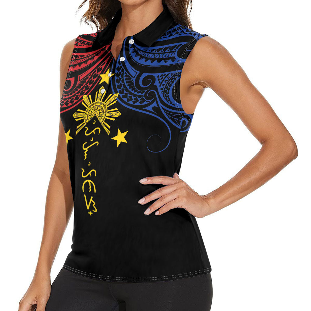 Philippines Heritage Personalized Women Sleeveless Polo Shirt Baybayin Philipinas Sun LT7 - Polynesian Pride