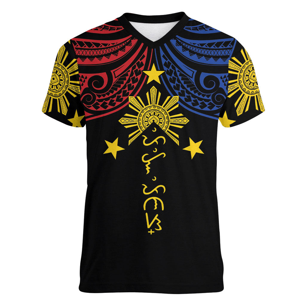 Philippines Heritage Personalized Women V-Neck T-Shirt Baybayin Philipinas Sun LT7 Female Black - Polynesian Pride