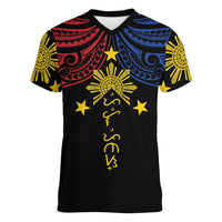 Philippines Heritage Personalized Women V-Neck T-Shirt Baybayin Philipinas Sun LT7 Female Black - Polynesian Pride