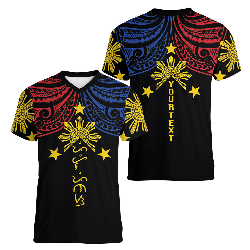 Philippines Heritage Personalized Women V-Neck T-Shirt Baybayin Philipinas Sun LT7 - Polynesian Pride