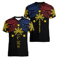 Philippines Heritage Personalized Women V-Neck T-Shirt Baybayin Philipinas Sun LT7 - Polynesian Pride