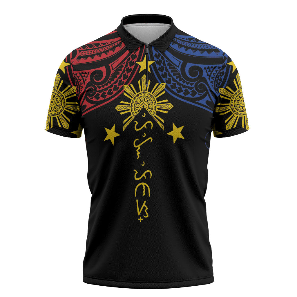 Philippines Heritage Personalized Zipper Polo Shirt Baybayin Philipinas Sun LT7 Black - Polynesian Pride