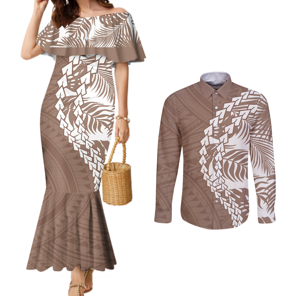 Polynesian Pride Couples Matching Mermaid Dress and Long Sleeve Button Shirts Polynesia Tribal - Tropical Brown LT7 Brown - Polynesian Pride