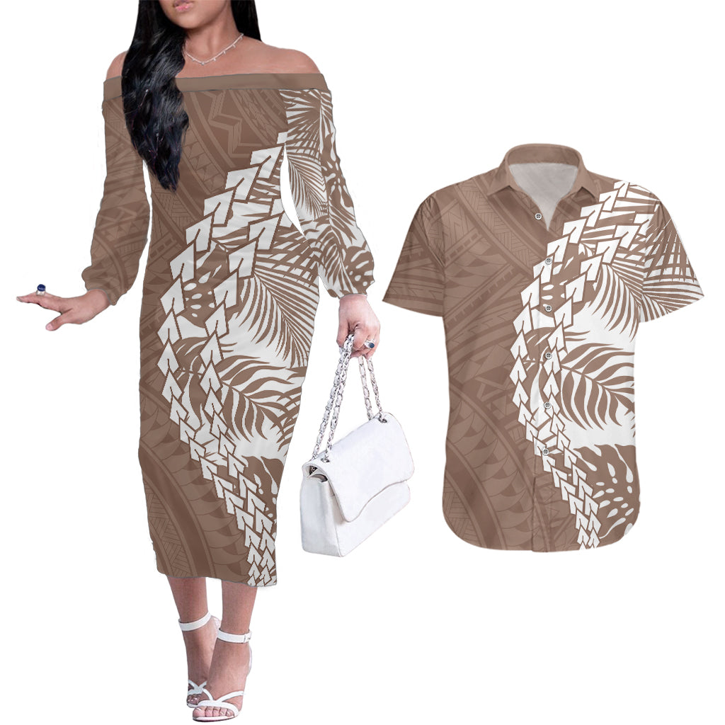 Polynesian Pride Couples Matching Off The Shoulder Long Sleeve Dress and Hawaiian Shirt Polynesia Tribal - Tropical Brown LT7 Brown - Polynesian Pride