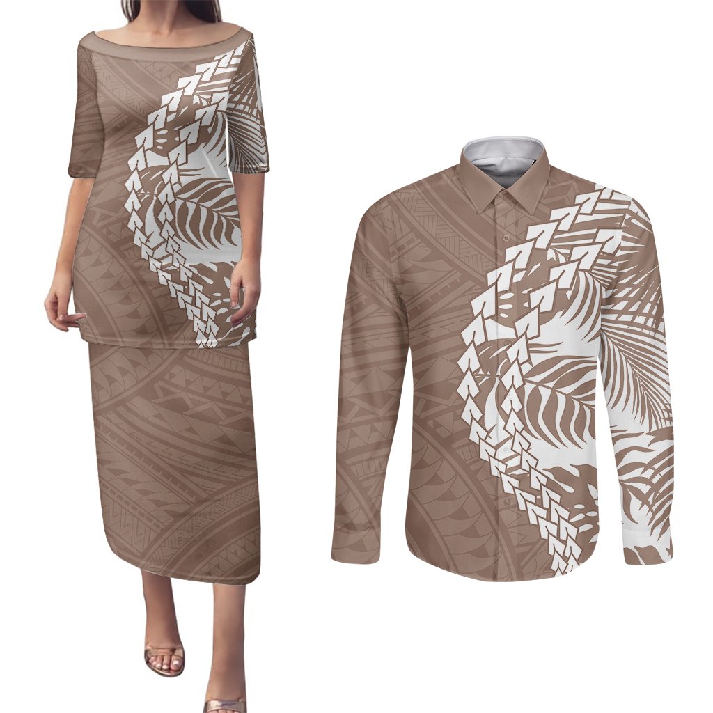 Polynesian Pride Couples Matching Puletasi Dress and Long Sleeve Button Shirts Polynesia Tribal - Tropical Brown LT7 Brown - Polynesian Pride