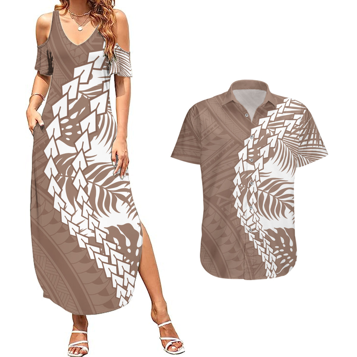 Polynesian Pride Couples Matching Summer Maxi Dress and Hawaiian Shirt Polynesia Tribal - Tropical Brown LT7 Brown - Polynesian Pride