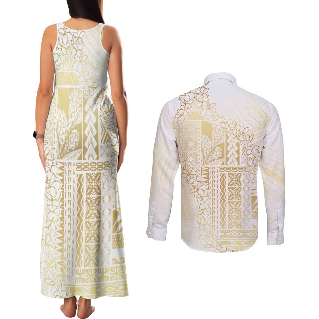 Samoa Lotu Tamaiti Mamanu Siapo Couples Matching Tank Maxi Dress and Long Sleeve Button Shirt Golden Plumeria - Polynesian Pride