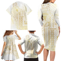 Samoa Lotu Tamaiti Mamanu Siapo Family Matching Long Sleeve Bodycon Dress and Hawaiian Shirt Golden Plumeria - Polynesian Pride
