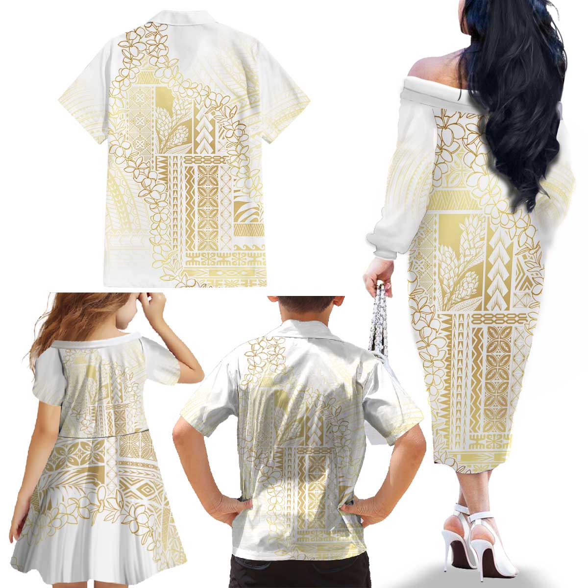 Samoa Lotu Tamaiti Mamanu Siapo Family Matching Off The Shoulder Long Sleeve Dress and Hawaiian Shirt Golden Plumeria - Polynesian Pride