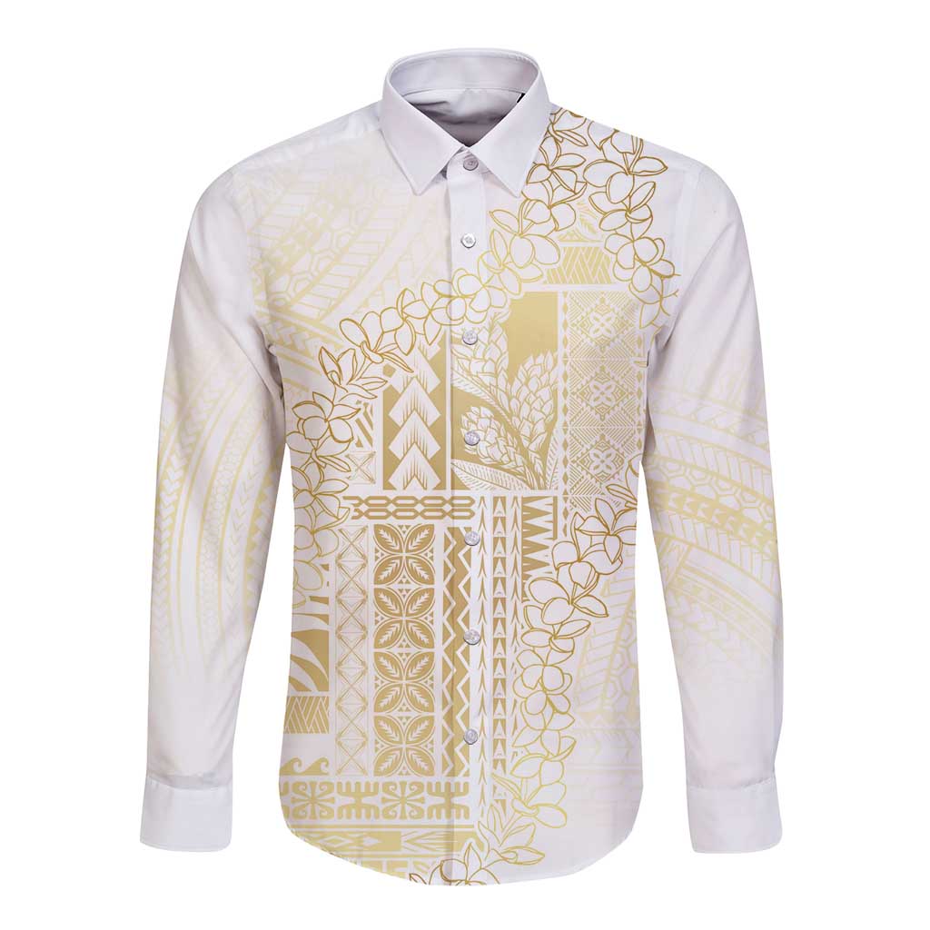 Samoa Lotu Tamaiti Mamanu Siapo Long Sleeve Button Shirt Golden Plumeria LT7 Unisex Gold - Polynesian Pride