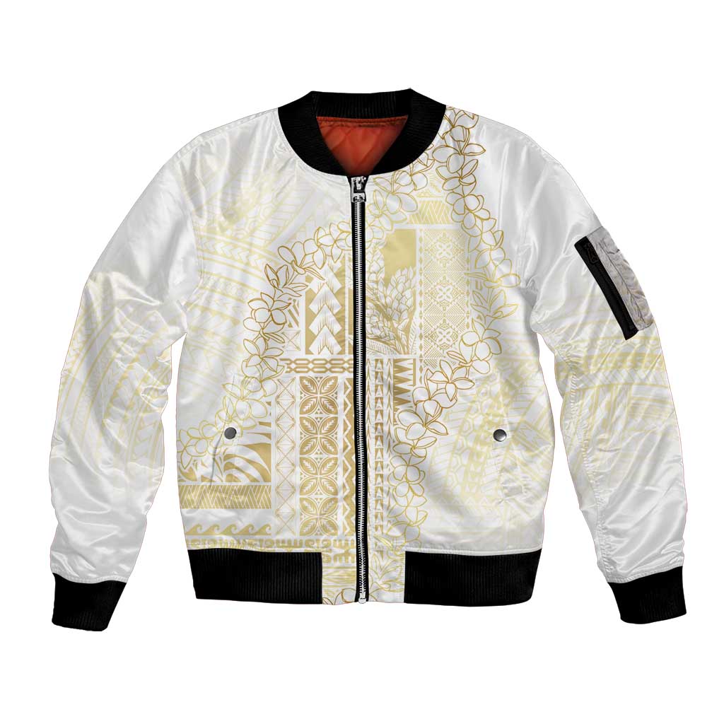 Samoa Lotu Tamaiti Mamanu Siapo Sleeve Zip Bomber Jacket Golden Plumeria - Polynesian Pride