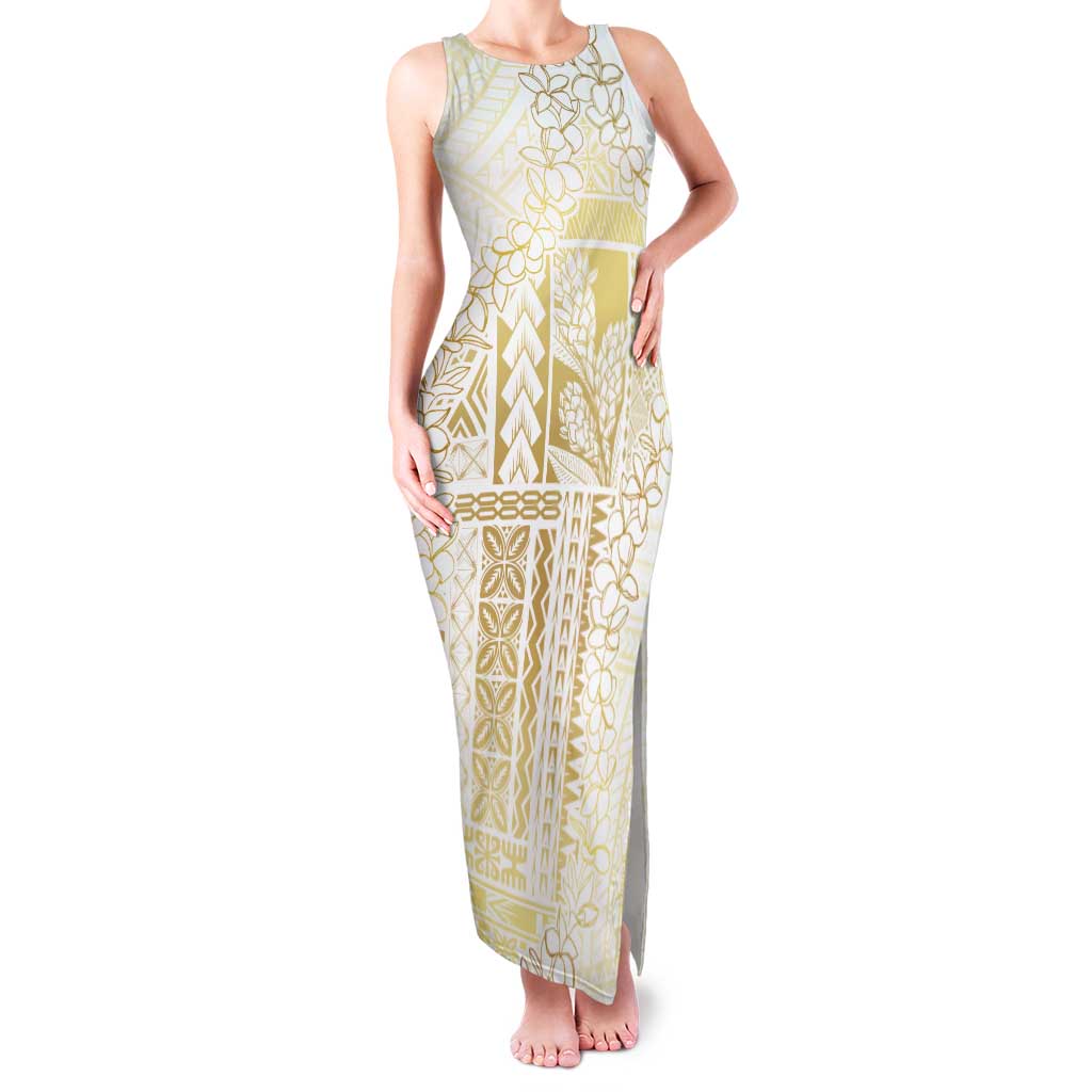 Samoa Lotu Tamaiti Mamanu Siapo Tank Maxi Dress Golden Plumeria - Polynesian Pride