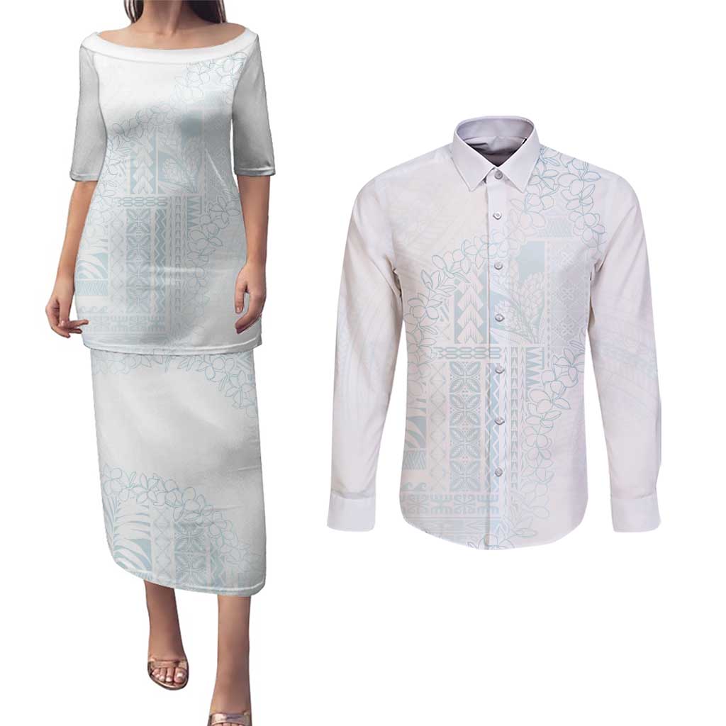 Samoa Lotu Tamaiti Mamanu Siapo Couples Matching Puletasi and Long Sleeve Button Shirt Off White Plumeria LT7 Baby Blue - Polynesian Pride
