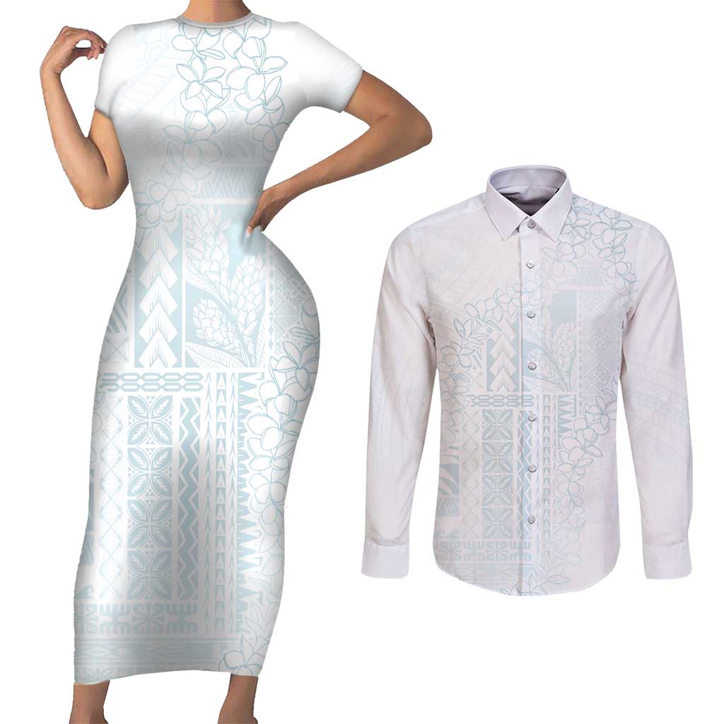 Samoa Lotu Tamaiti Mamanu Siapo Couples Matching Short Sleeve Bodycon Dress and Long Sleeve Button Shirt Off White Plumeria LT7 Baby Blue - Polynesian Pride