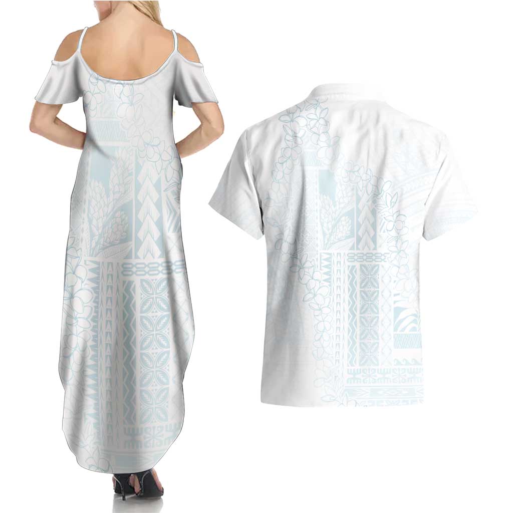 Samoa Lotu Tamaiti Mamanu Siapo Couples Matching Summer Maxi Dress and Hawaiian Shirt Off White Plumeria - Polynesian Pride