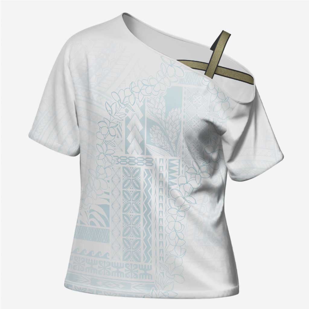 Samoa Lotu Tamaiti Mamanu Siapo Cross Shoulder Shirt Off White Plumeria LT7 Female Baby Blue - Polynesian Pride