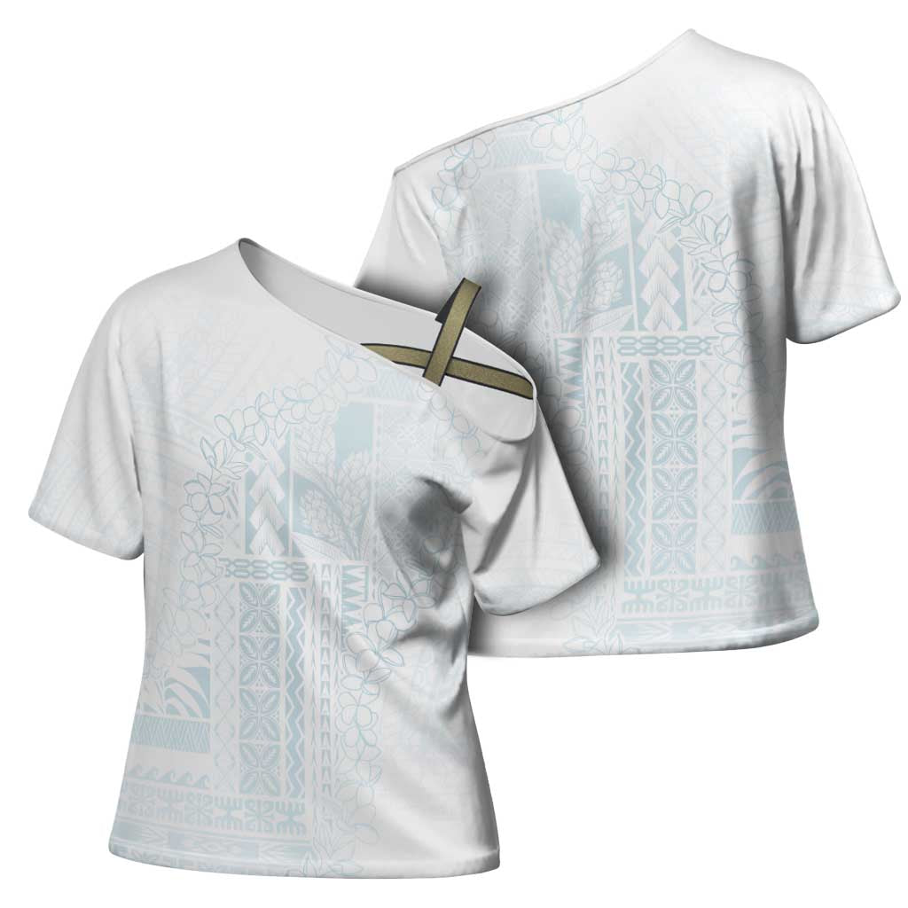 Samoa Lotu Tamaiti Mamanu Siapo Cross Shoulder Shirt Off White Plumeria LT7 - Polynesian Pride