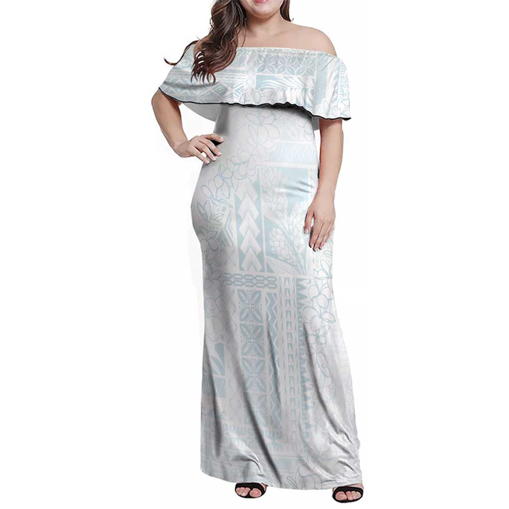 Samoa Lotu Tamaiti Mamanu Siapo Family Matching Off Shoulder Maxi Dress and Hawaiian Shirt Off White Plumeria - Polynesian Pride