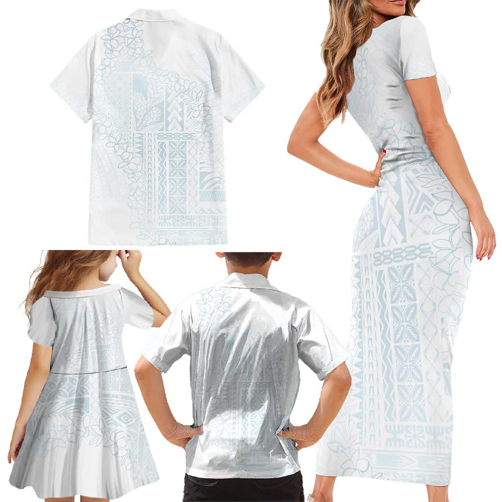 Samoa Lotu Tamaiti Mamanu Siapo Family Matching Short Sleeve Bodycon Dress and Hawaiian Shirt Off White Plumeria - Polynesian Pride
