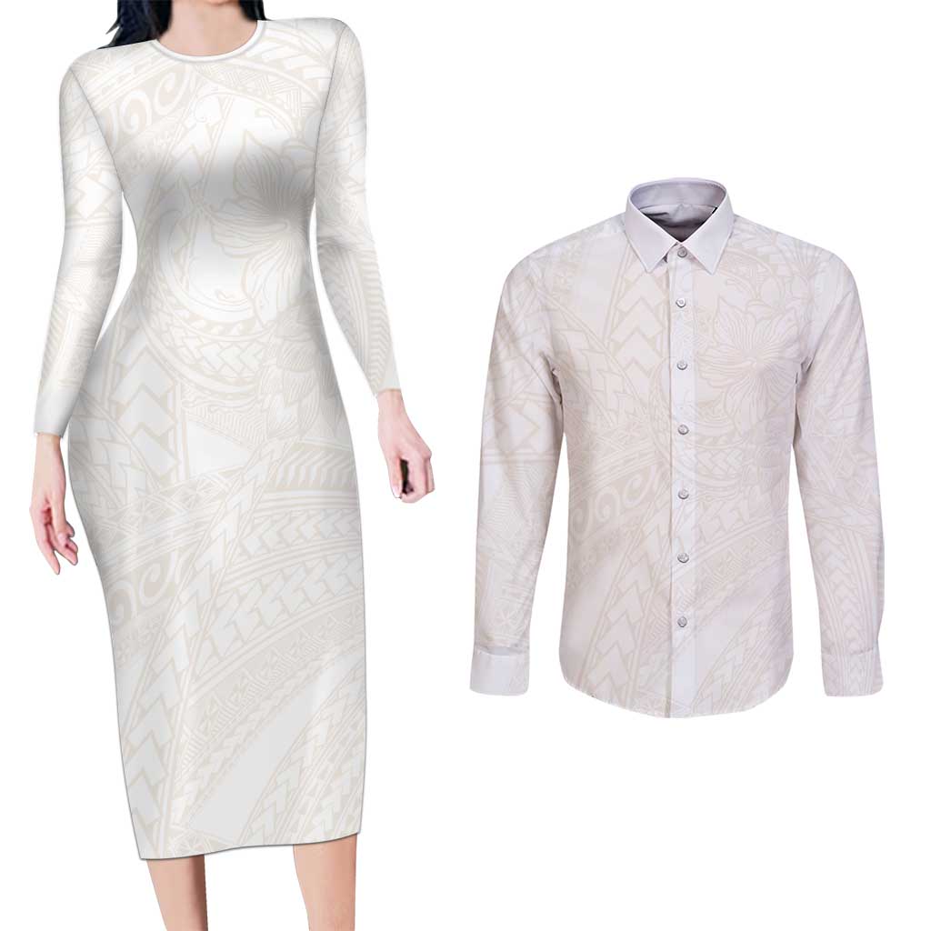 Samoa Lotu Tamaiti Ivory Couples Matching Long Sleeve Bodycon Dress and Long Sleeve Button Shirt Teuila Tatau LT7 Ivory - Polynesian Pride