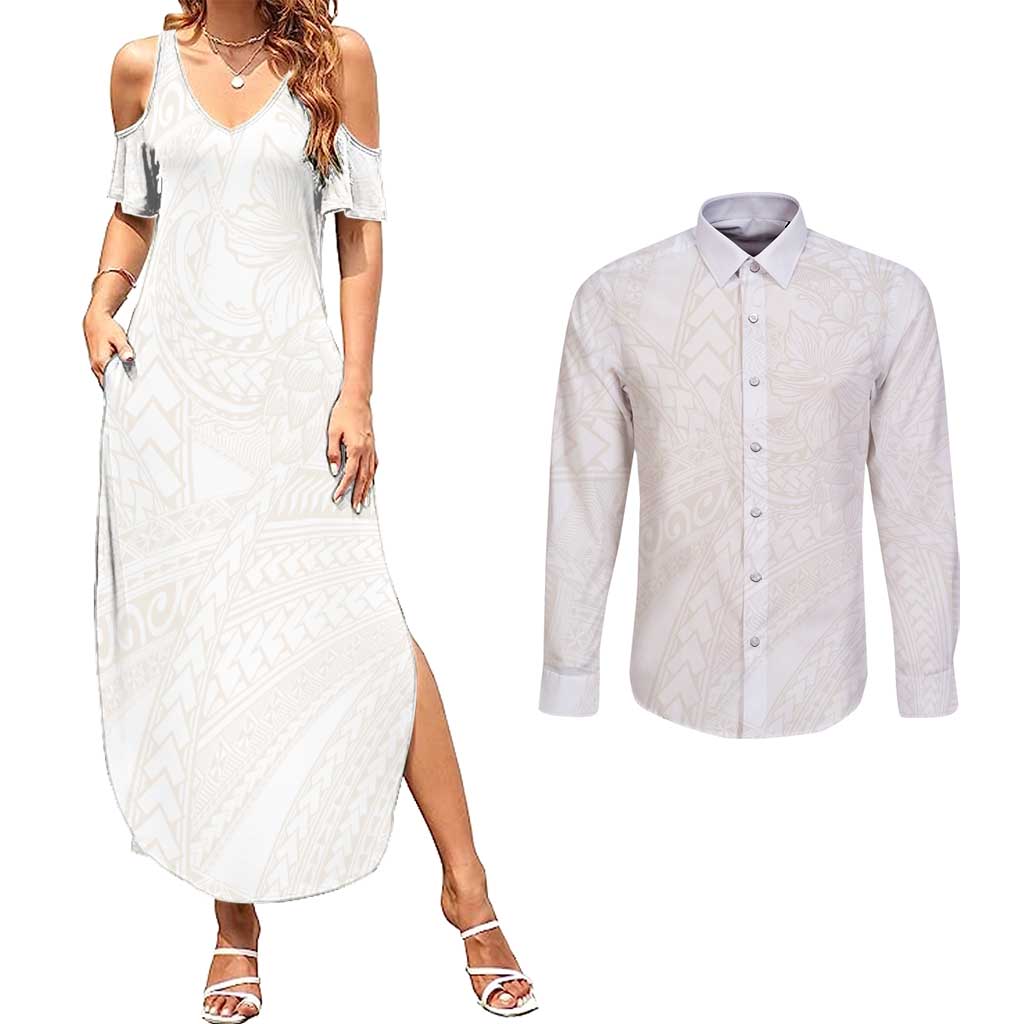 Samoa Lotu Tamaiti Ivory Couples Matching Summer Maxi Dress and Long Sleeve Button Shirt Teuila Tatau LT7 Ivory - Polynesian Pride
