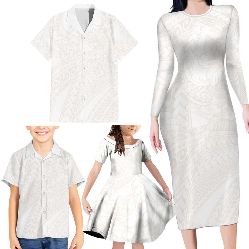 Samoa Lotu Tamaiti Ivory Family Matching Long Sleeve Bodycon Dress and Hawaiian Shirt Teuila Tatau - Polynesian Pride
