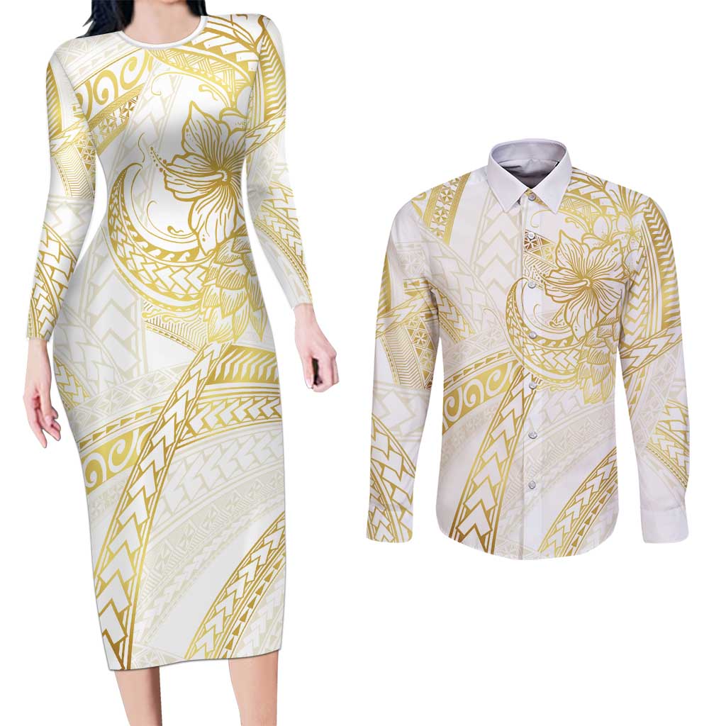 Samoa Lotu Tamaiti Gold Couples Matching Long Sleeve Bodycon Dress and Long Sleeve Button Shirt Teuila Tatau LT7 Gold - Polynesian Pride