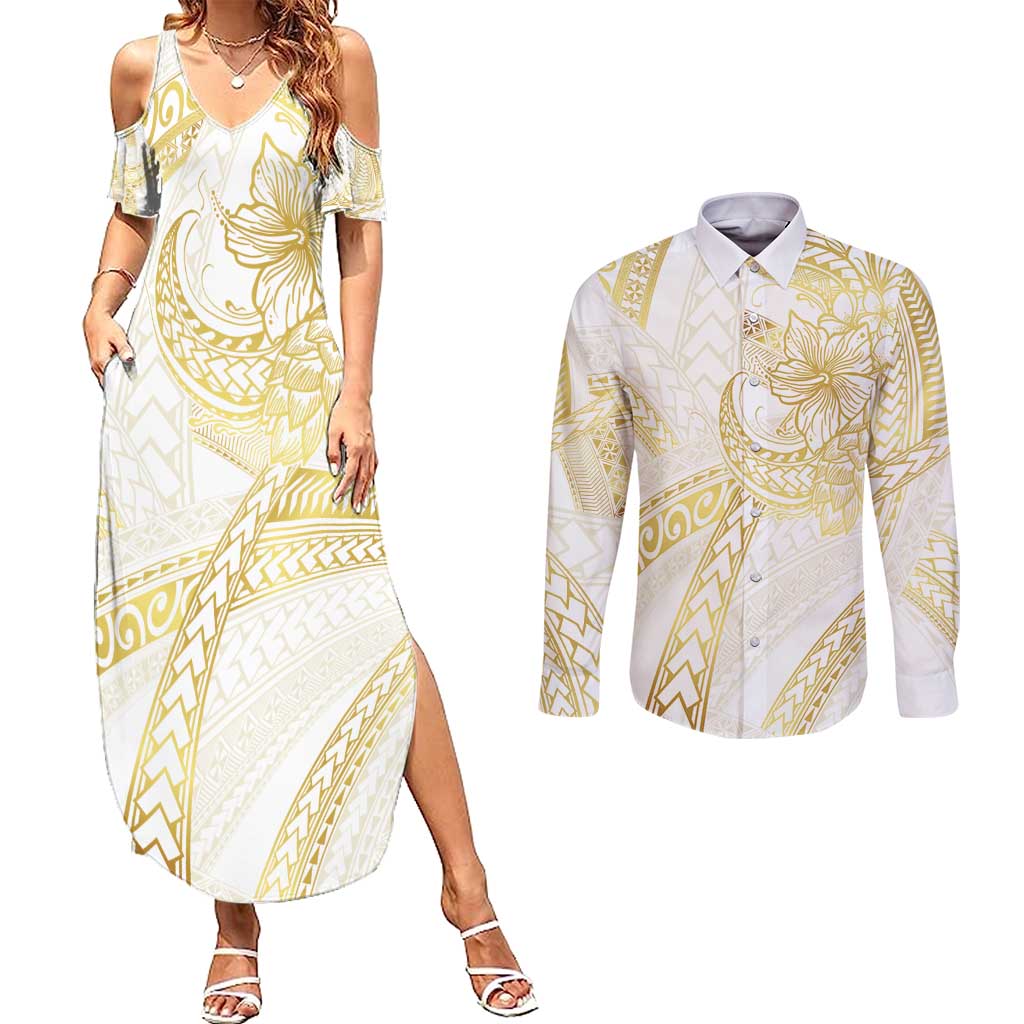 Samoa Lotu Tamaiti Gold Couples Matching Summer Maxi Dress and Long Sleeve Button Shirt Teuila Tatau LT7 Gold - Polynesian Pride