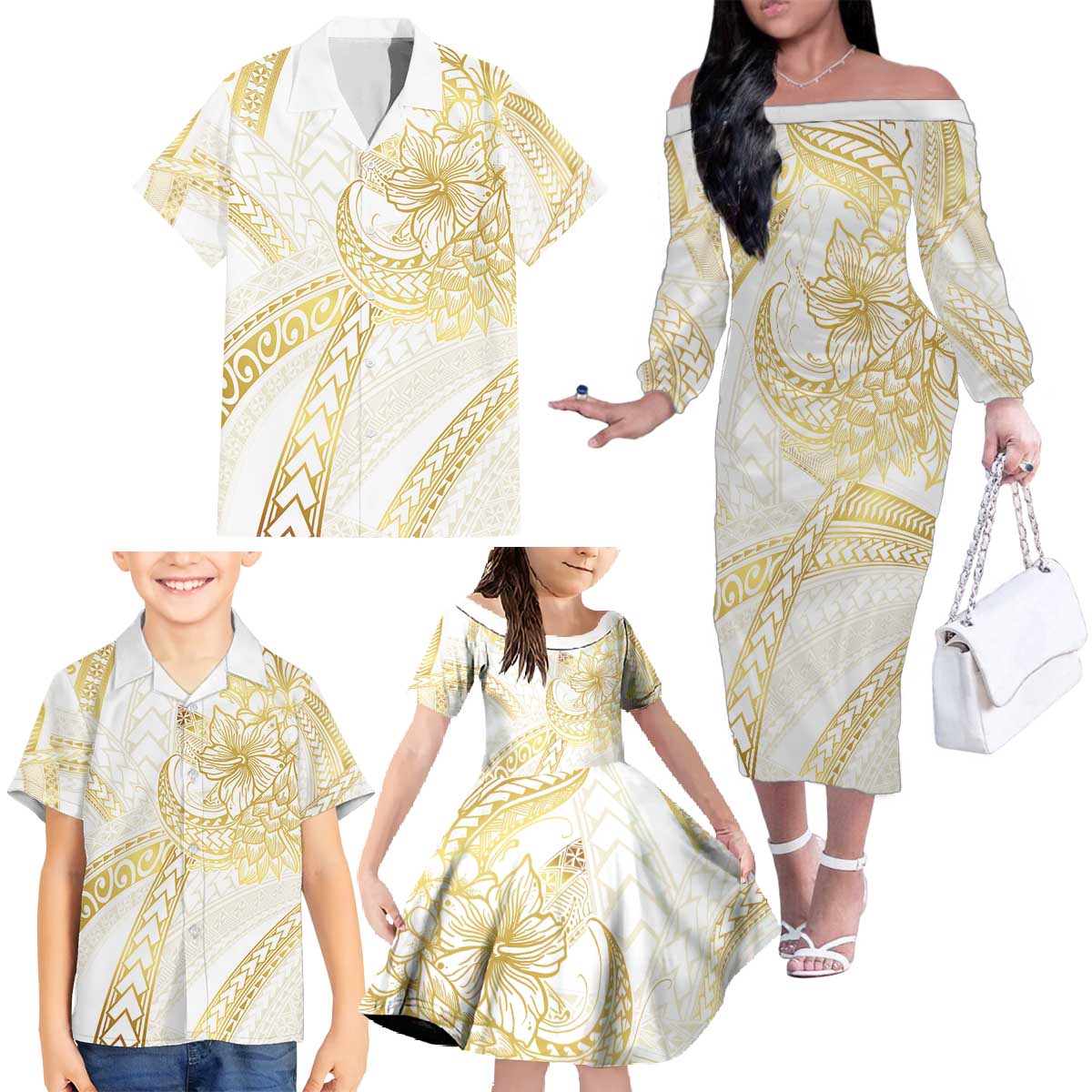 Samoa Lotu Tamaiti Gold Family Matching Off The Shoulder Long Sleeve Dress and Hawaiian Shirt Teuila Tatau - Polynesian Pride