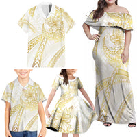 Samoa Lotu Tamaiti Gold Family Matching Off Shoulder Maxi Dress and Hawaiian Shirt Teuila Tatau - Polynesian Pride