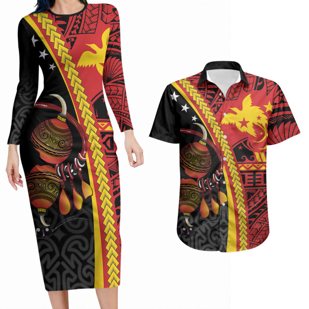 Papua New Guinea Independence Personalised Couples Matching Long Sleeve Bodycon Dress and Hawaiian Shirt PNG Bagi and Lime Pot LT7 Black - Polynesian Pride