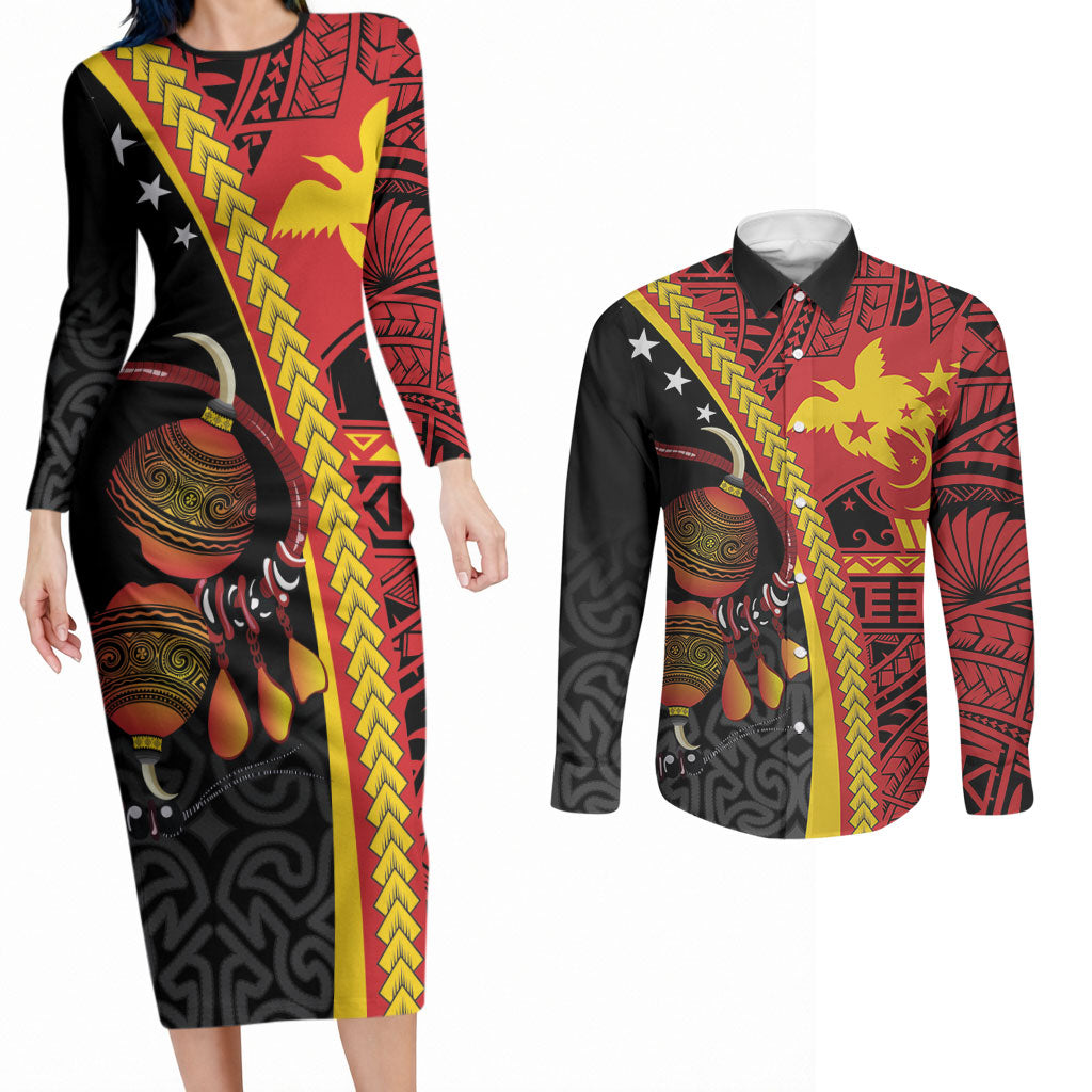 Papua New Guinea Independence Personalised Couples Matching Long Sleeve Bodycon Dress and Long Sleeve Button Shirt PNG Bagi and Lime Pot LT7 Black - Polynesian Pride