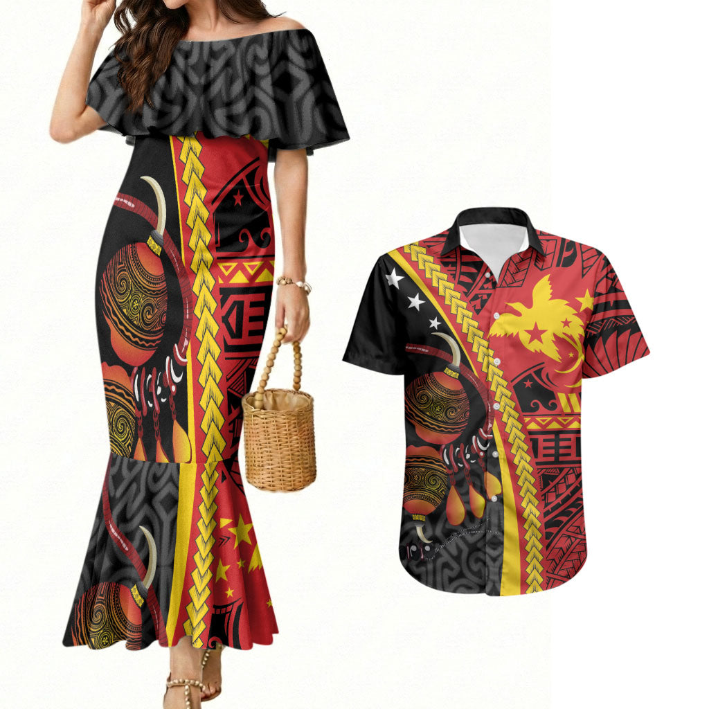 Papua New Guinea Independence Personalised Couples Matching Mermaid Dress and Hawaiian Shirt PNG Bagi and Lime Pot LT7 Black - Polynesian Pride