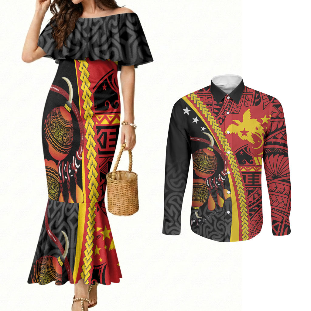 Papua New Guinea Independence Personalised Couples Matching Mermaid Dress and Long Sleeve Button Shirt PNG Bagi and Lime Pot LT7 Black - Polynesian Pride