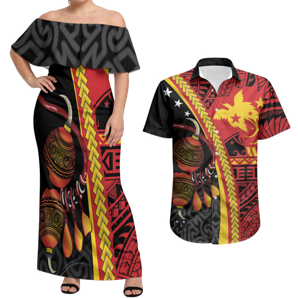 Papua New Guinea Independence Personalised Couples Matching Off Shoulder Maxi Dress and Hawaiian Shirt PNG Bagi and Lime Pot LT7 Black - Polynesian Pride