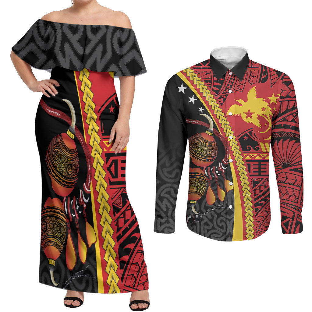 Papua New Guinea Independence Personalised Couples Matching Off Shoulder Maxi Dress and Long Sleeve Button Shirt PNG Bagi and Lime Pot LT7 Black - Polynesian Pride