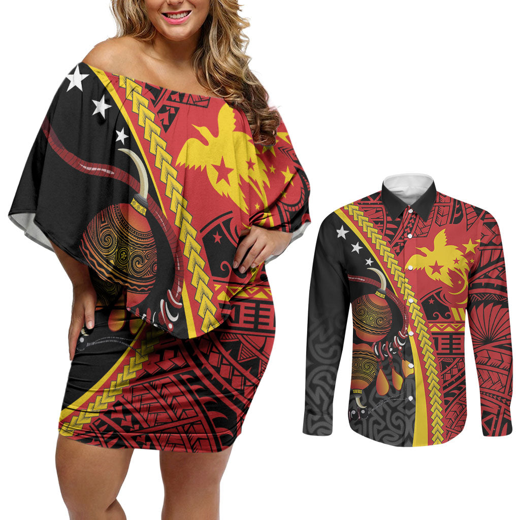 Papua New Guinea Independence Personalised Couples Matching Off Shoulder Short Dress and Long Sleeve Button Shirt PNG Bagi and Lime Pot LT7 Black - Polynesian Pride