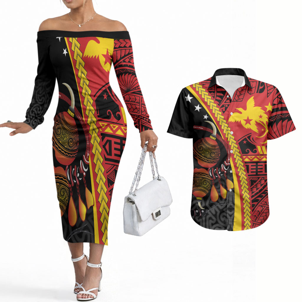 Papua New Guinea Independence Personalised Couples Matching Off The Shoulder Long Sleeve Dress and Hawaiian Shirt PNG Bagi and Lime Pot LT7 Black - Polynesian Pride