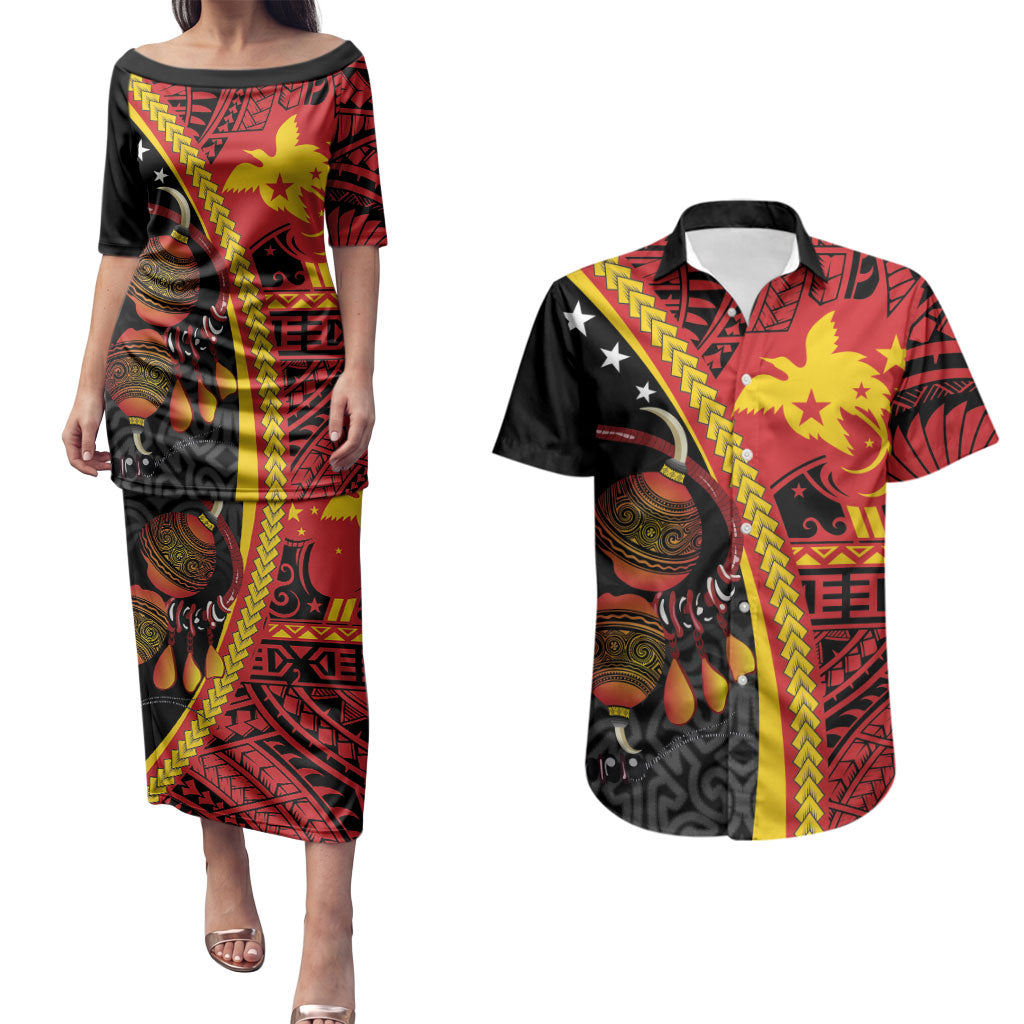Papua New Guinea Independence Personalised Couples Matching Puletasi and Hawaiian Shirt PNG Bagi and Lime Pot LT7 Black - Polynesian Pride