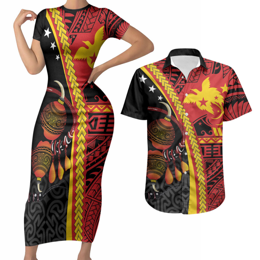 Papua New Guinea Independence Personalised Couples Matching Short Sleeve Bodycon Dress and Hawaiian Shirt PNG Bagi and Lime Pot LT7 Black - Polynesian Pride