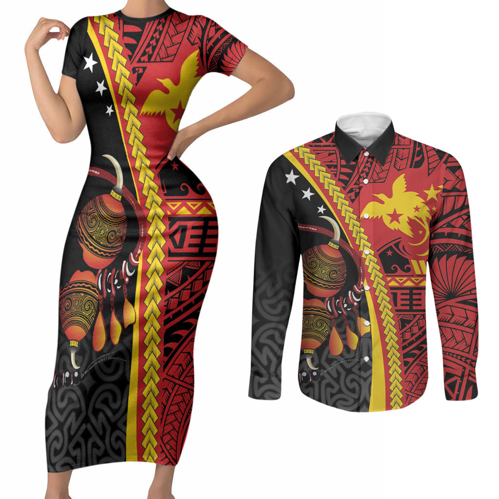 Papua New Guinea Independence Personalised Couples Matching Short Sleeve Bodycon Dress and Long Sleeve Button Shirt PNG Bagi and Lime Pot LT7 Black - Polynesian Pride