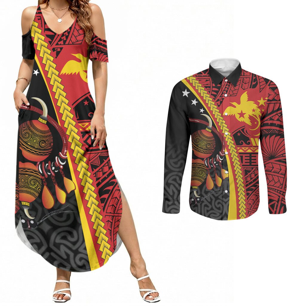 Papua New Guinea Independence Personalised Couples Matching Summer Maxi Dress and Long Sleeve Button Shirt PNG Bagi and Lime Pot LT7 Black - Polynesian Pride