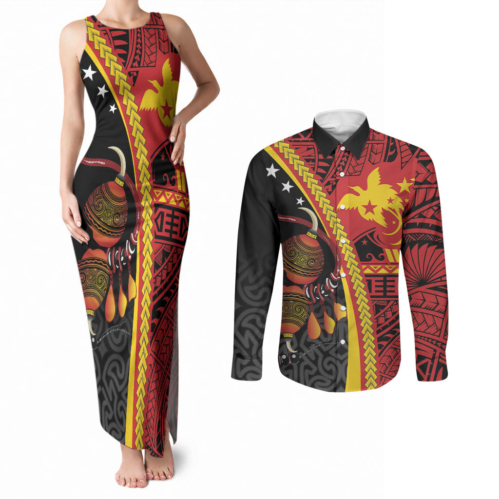 Papua New Guinea Independence Personalised Couples Matching Tank Maxi Dress and Long Sleeve Button Shirt PNG Bagi and Lime Pot LT7 Black - Polynesian Pride
