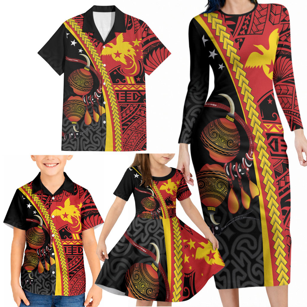 Papua New Guinea Independence Personalised Family Matching Long Sleeve Bodycon Dress and Hawaiian Shirt PNG Bagi and Lime Pot LT7 - Polynesian Pride