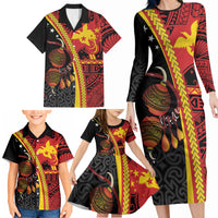Papua New Guinea Independence Personalised Family Matching Long Sleeve Bodycon Dress and Hawaiian Shirt PNG Bagi and Lime Pot LT7 - Polynesian Pride